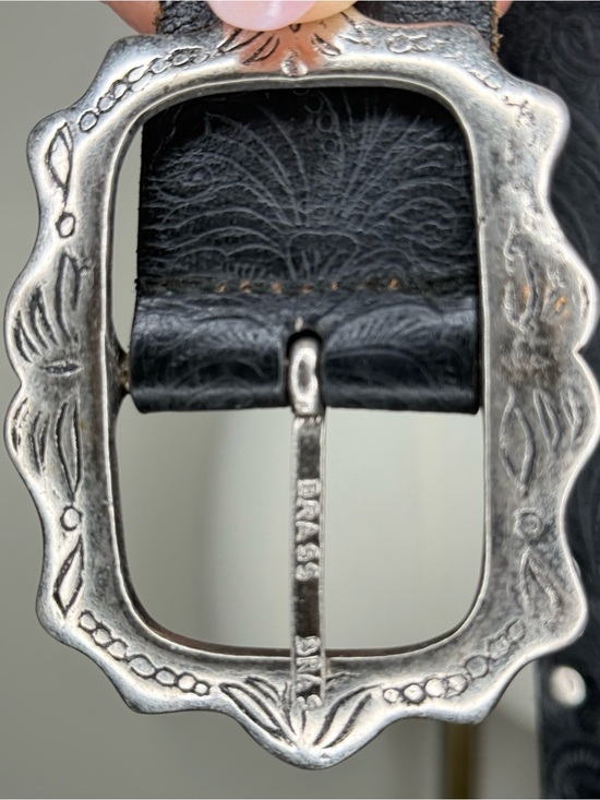 Vintage Black Leather Bohemian Belt with Decorative Brass Silver Buckle M main image 6